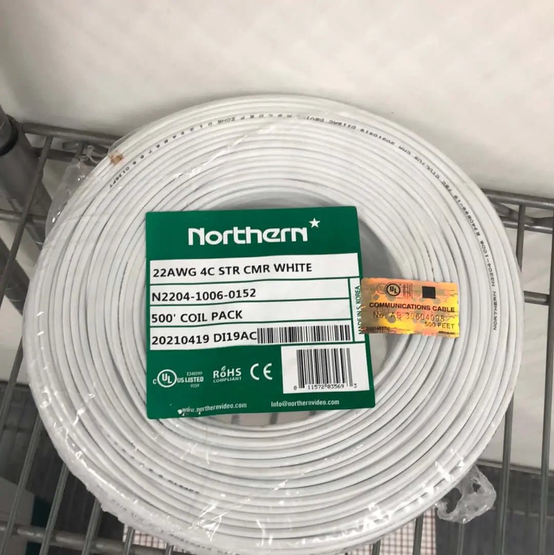 Alarm Device Wire 22 - 4C STR BC PVC UNSHLD PVC JKT WHT 75C 300V CMR 500FT COIL - White - Avenger Security