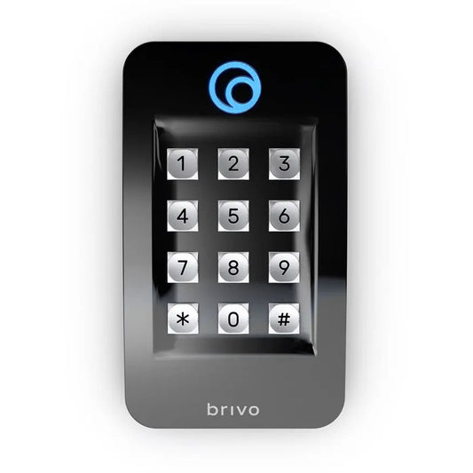 Brivo B-BSPKF-B black OSDP access control reader with keypad, supporting mobile, smart card, and 125 kHz prox credentials for two-factor entry.
