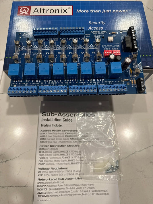 Altronix ACM8 access control power supply and distribution module with eight fused outputs, providing reliable power management for door controllers, electric locks, and security devices in commercial access control systems.