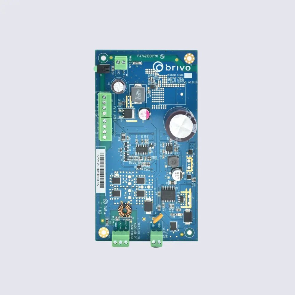 Power supply board for Brivo ACS6100 series access control panels, replacement PCB only (no enclosure), providing regulated power for ACS6100 controllers and expansion boards.