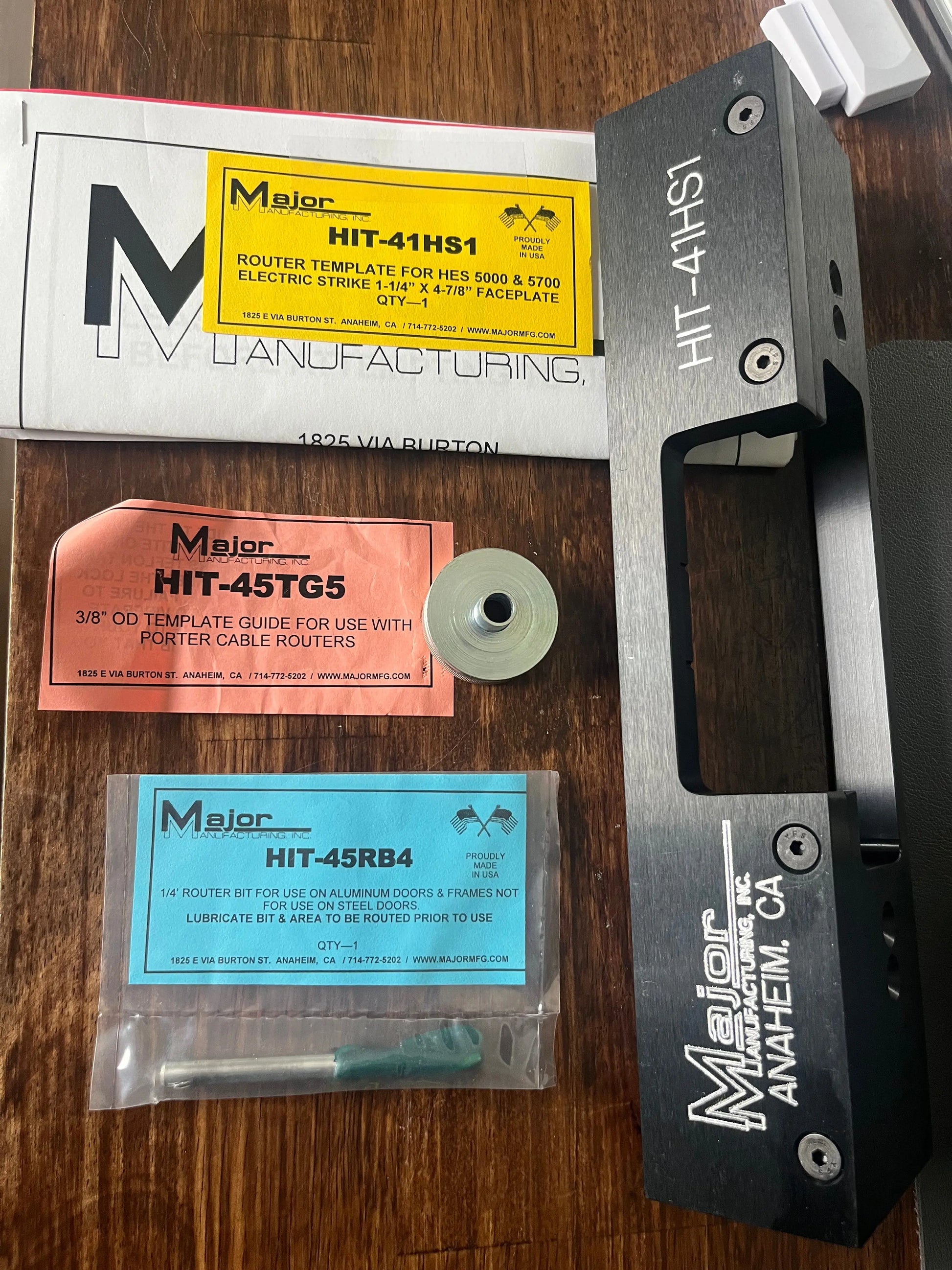 Major Manufacturing router template kit with spacer and cutting bit for precise installation of HES 5000 and 5700 series electric strikes